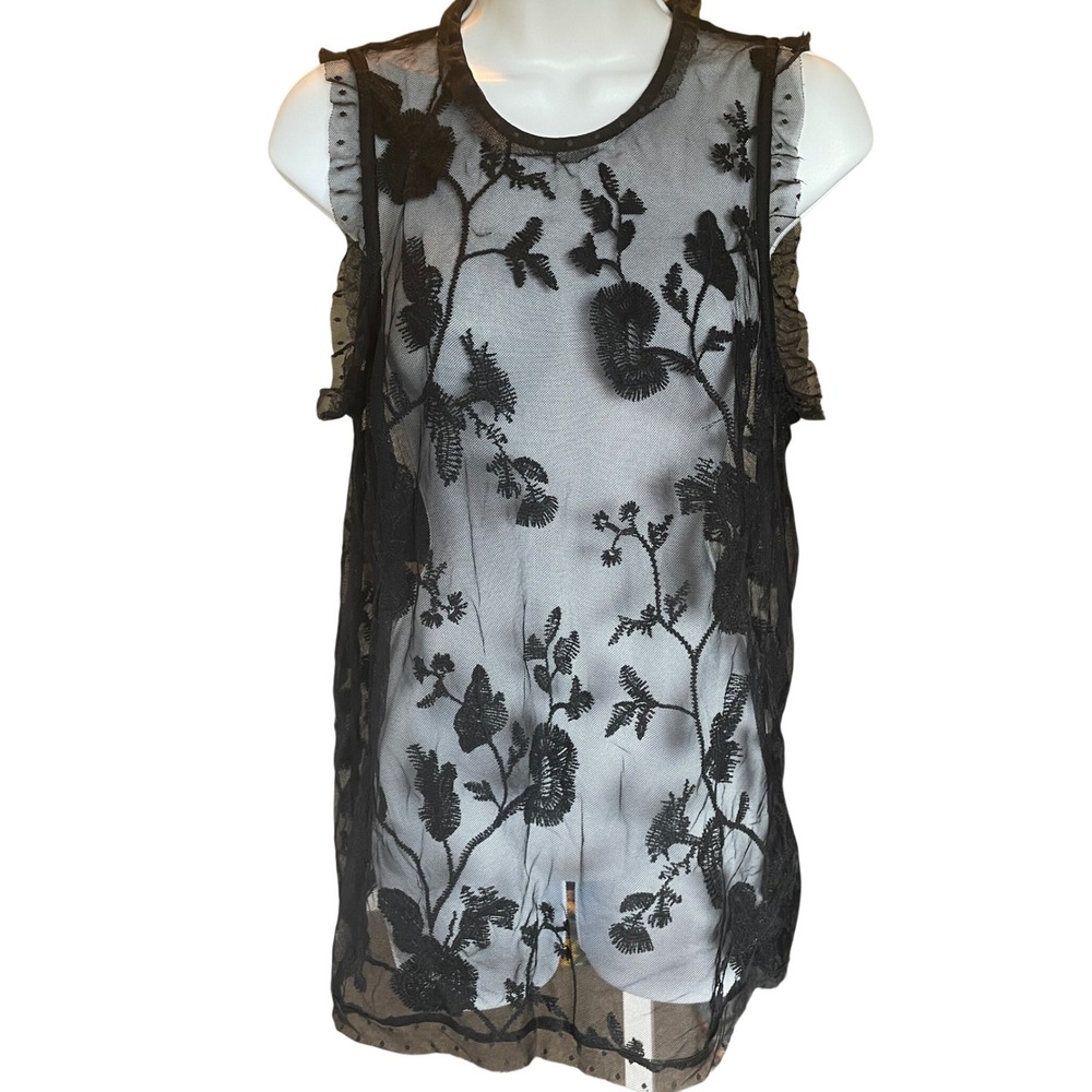 Womens Y2K Sheer Dark Floral Fairy Ruffle Lace Mesh Top Size M Whimsigoth Witchy